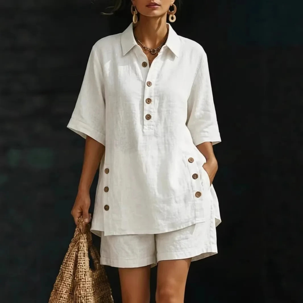 casual loose button shirts shorts two piece sets women fashion half sleeve spllit shirts suits summer elegant shorts outfits