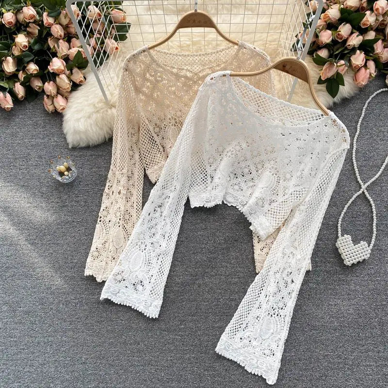 Blouses Women Retro Hollow Out All-match Sweet See-through Leisure Summer Sun-proof Korean Style Female Slim Crop Bohemian Ins