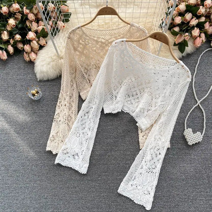 Blouses Women Retro Hollow Out All-match Sweet See-through Leisure Summer Sun-proof Korean Style Female Slim Crop Bohemian Ins