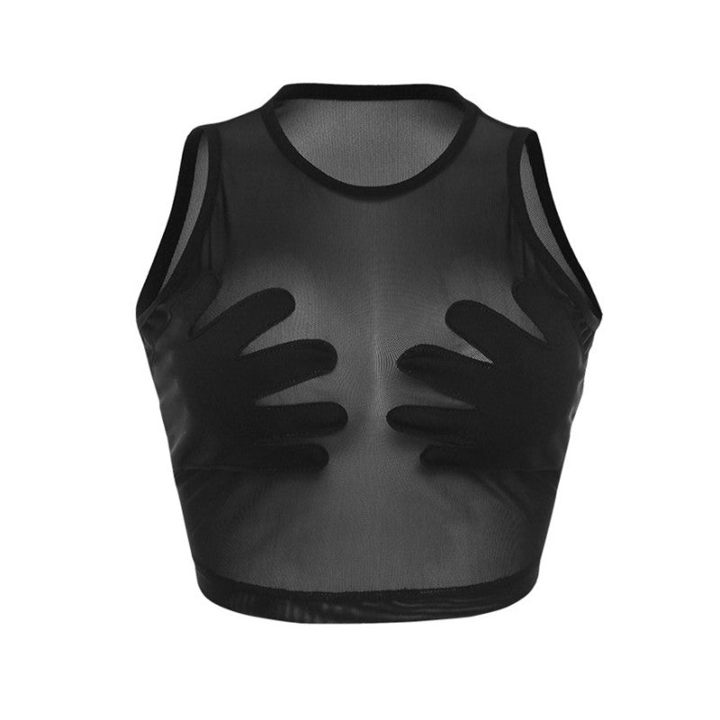 Sleeveless Sexy Tank Top Women Clothing See Through Y2k Accessories O-neck Palms Cute Mini T-shirts Mesh Black Ropa De Mujer