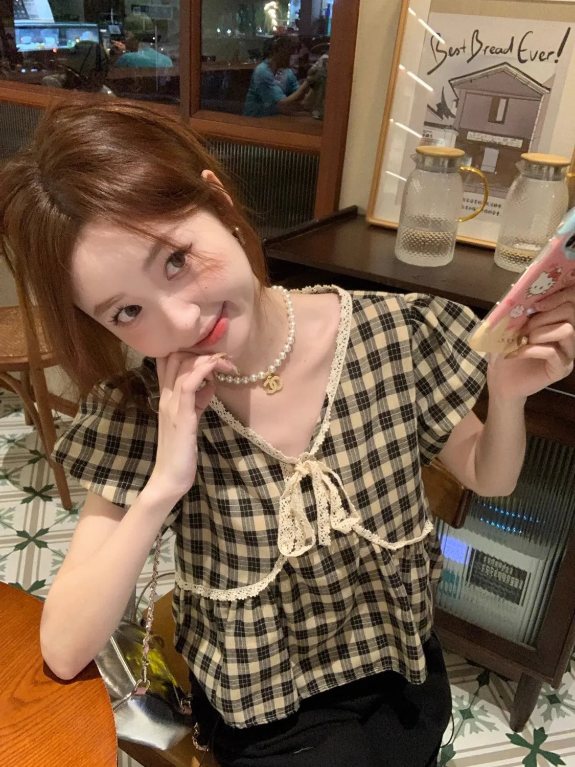Blouses Women Plaid Vintage Literary Summer Short-sleeve Sweet Crop Tops Lace-up Aesthetic Prairie Chic Students French Style