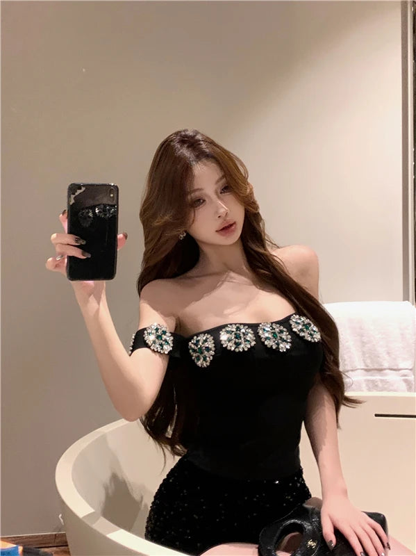 Korean Fashion Clothing Sexy Tanks Women Heavy Diamond 3D Floral Tanks Crop Tops Temperament Tunic Summer Camis 2025 Ropa Mujer