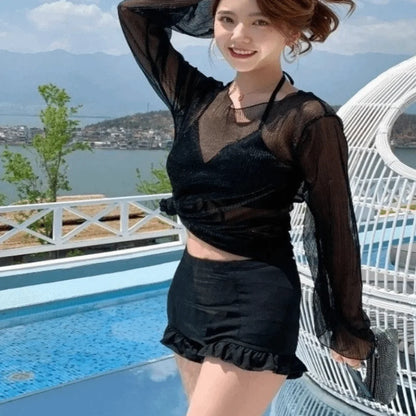Beachwear Ruffles Bikini Set Transparent Pullover Slim Fit Swimming Suit Lace-up Sun Protection 3Pieces Set Swimwear Resort