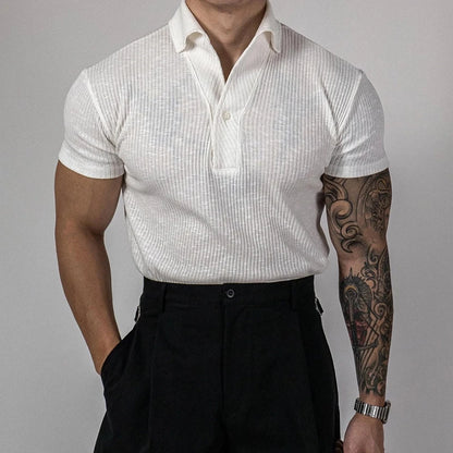 Trendy Ribbed Polo Shirts For Men Sports Fitness Muscle Short Sleeve Slim Stretch Tops Casual Pure Color Lapel Polo Mens T Shirt