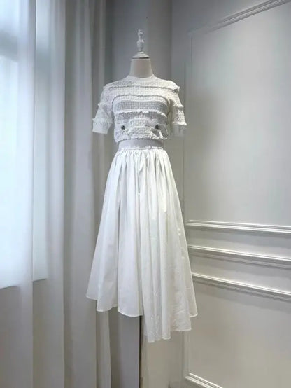 Women White Fashion Set short sleeve knit sweater tops + high waist fashion midi skirt