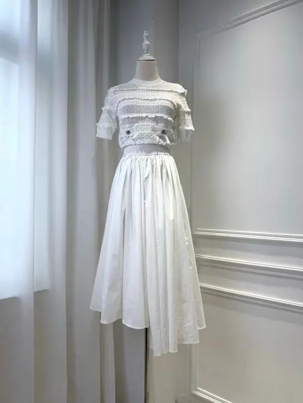 Women White Fashion Set short sleeve knit sweater tops + high waist fashion midi skirt
