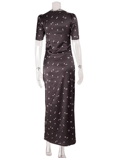 Lace Patchwork Printed Maxi Dresses For Women Fashion Sexy Streetwear Short Sleeves Slim Hollow Out Long Vestidos Robes Female