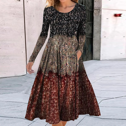 Fashion Bohemian Dresses For Women O Neck Long Sleeve Vintage Print Maxi Long Dress Women Elegant Autumn Dress