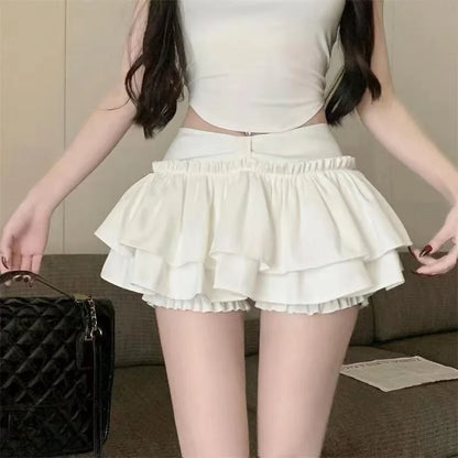 Shorts Korean Chic Kawaii Ballet-Style Tiered Skirt Sweet Princess Mini Skirts Elegant Elastic High Waist Lady&
