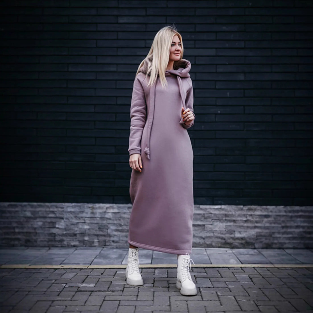 Women Fashion  New Loose Large Knitted Hooded Autumn Winter Long Dress Velvet Hoodie Dress Casual Dress Splicing Warm Dress