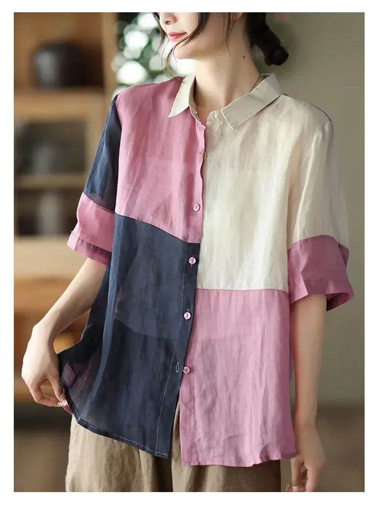 Cotton and Linen Shirt for Women Fashionable and Versatile Cardigan Lapel Top Thin Blouse Patchwork Casual Chic Female Clothes