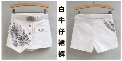 Fashion Sequin Denim Short Skirt Women Spring/Summer 2025 New Korean High Waist Slim Irregular Sexy Hot Pants White Black Casual
