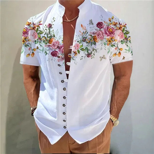 Men Shirts New Print Button Short Sleeves Shirt Fashion Stand Collar Loose Fitting Men&