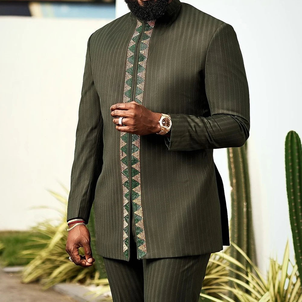 Kaftan Men Wedding Suits Groom Embroidered Pocket Top And Pants Kaunda Suit African casual Outfits Party Fashion Two-piece Set