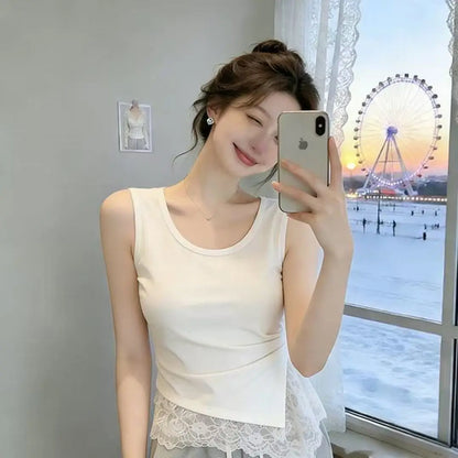 Sleeveless Lace Spliced   cut-sleeve Top for Women with Irregular Hem Layered Mid-length Vest Versatile Stylish