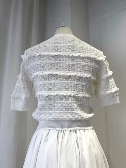 Women White Fashion Set short sleeve knit sweater tops + high waist fashion midi skirt
