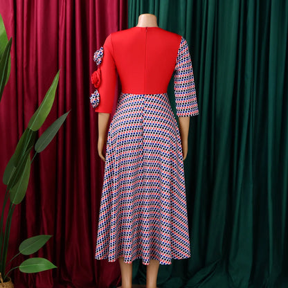 Elegant Dresses for Women 2026 Fall Fashion African 3/4 Sleeve Party Birthday New Robe Chic 3D Flower Plaid Evening A-Line Dress