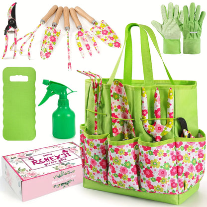 Gardening Tools 10PCS Heavy Duty Garden Hand Tools with Fashion Floral Organizer Handbag Rust-Proof Garden Tool Gifts for Women