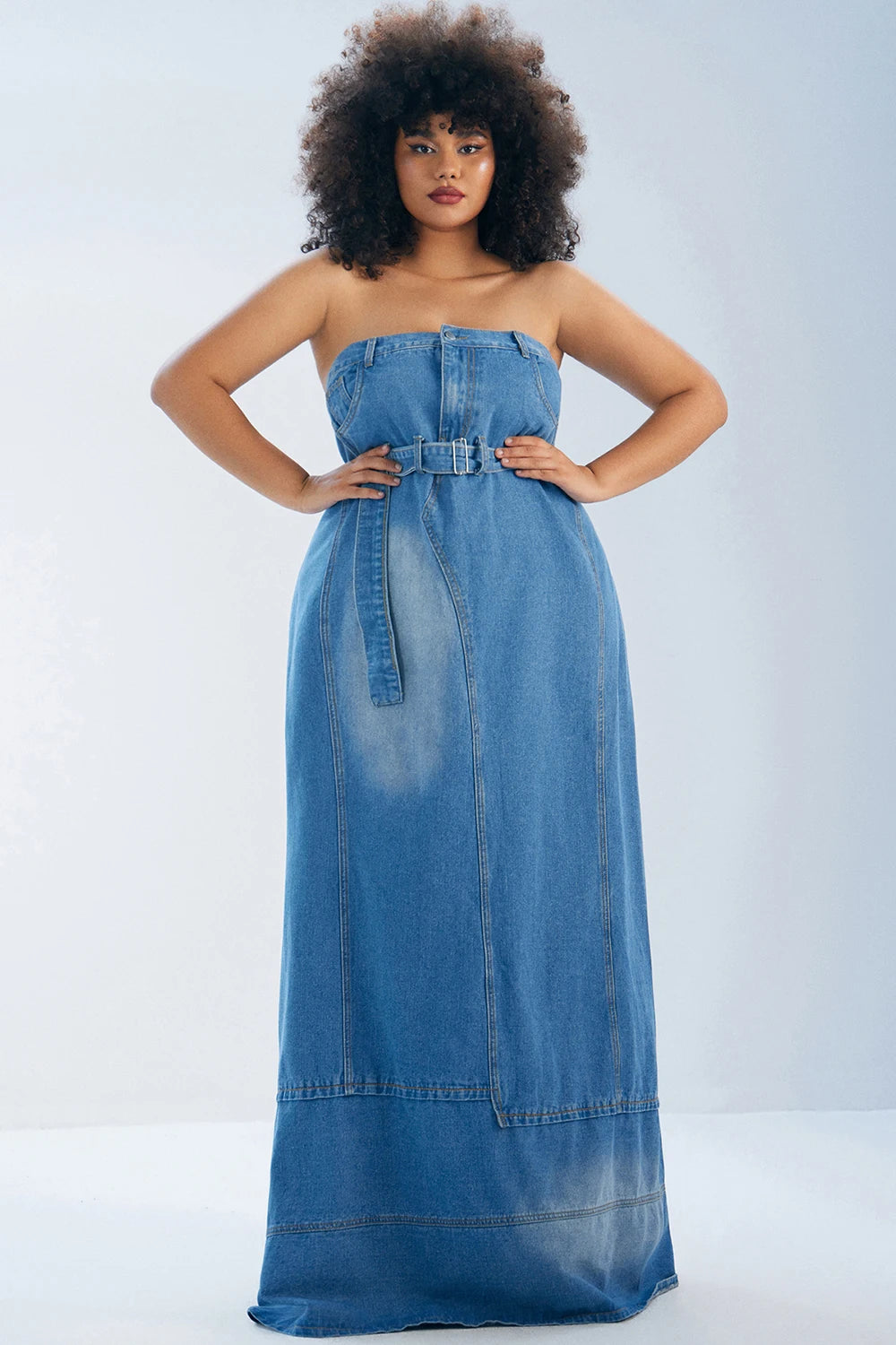 Plus Size Daily Maxi Dresses Blue Fall Winter Strapless Asymmetric Hem Denim Maxi Dresses Elegant Vintage Casual Summer Dress