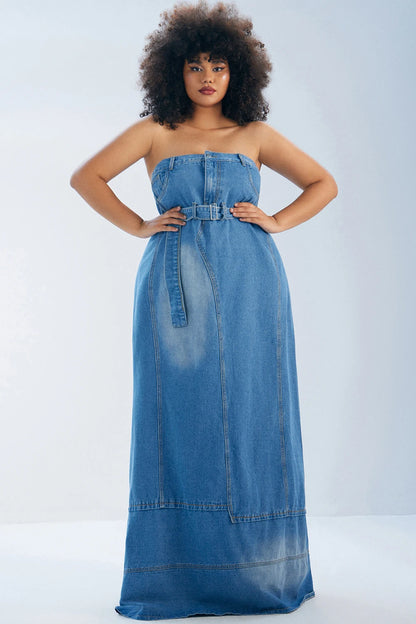 Plus Size Daily Maxi Dresses Blue Fall Winter Strapless Asymmetric Hem Denim Maxi Dresses Elegant Vintage Casual Summer Dress