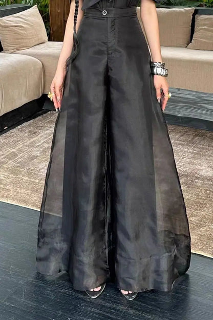 New Fashion Organza Wide Leg Palazzo Pants Women Elegant Summer High Waist Solid Color Office Lady Trousers Clothing