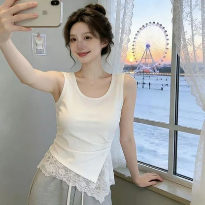 Sleeveless Lace Spliced   cut-sleeve Top for Women with Irregular Hem Layered Mid-length Vest Versatile Stylish