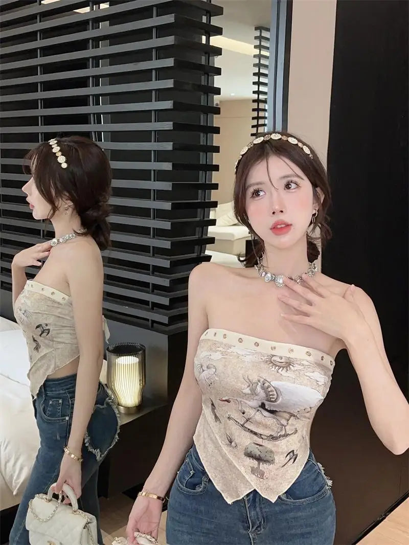 Tanks Women Strapless Vintage Printed Design Summer Crop Tops Irregular Chic Aesthetic Defined Backless Bandage Popular Hotsweet