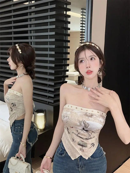 Tanks Women Strapless Vintage Printed Design Summer Crop Tops Irregular Chic Aesthetic Defined Backless Bandage Popular Hotsweet