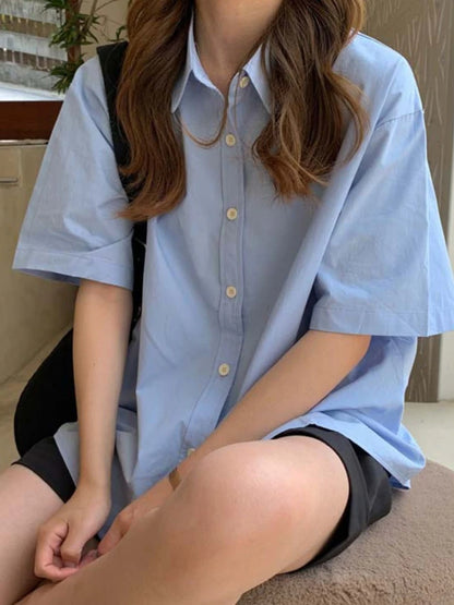 Short Sleeve Shirts Women Solid Cool Unisex College Рубашки Korean Style All-match Basic Mujer De Moda Prevalent Stylish Ins New