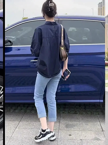 Women Blouses Elegant Streetwear Office Casual Loose Button Up White Blue Long Sleeve Vintage Oversize Shirt Tops
