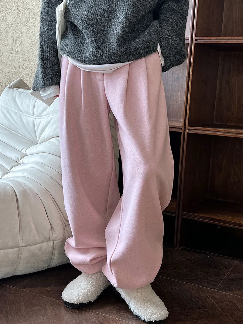 2025 Women Winter Autumn Thick Pants High Waist Wide Leg Warm Woolen Pants Fashion Clothes Vintage Pants Female Trousers