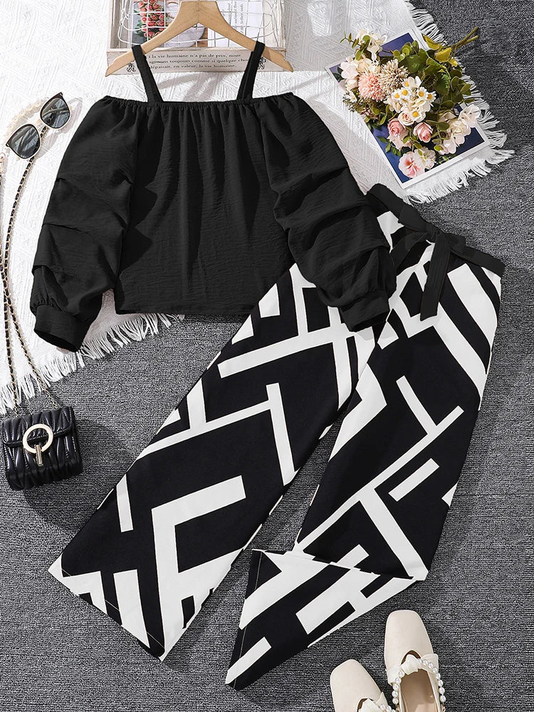 Kids Clothing Sets For Girls Khaki Off-shoulder Long sleeve Top &amp; Stripe Printing Pants Summer Resort Style Children Suits OOTD