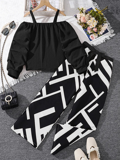 Kids Clothing Sets For Girls Khaki Off-shoulder Long sleeve Top &amp; Stripe Printing Pants Summer Resort Style Children Suits OOTD