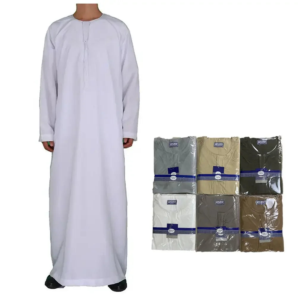 Middle East Arab Kaftan Men Muslim Clothing Solid Long-sleeved Round Neck Robes Causal Loose Men Jubba Thobe National Costumes