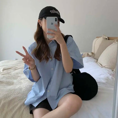 Short Sleeve Shirts Women Solid Cool Unisex College Рубашки Korean Style All-match Basic Mujer De Moda Prevalent Stylish Ins New