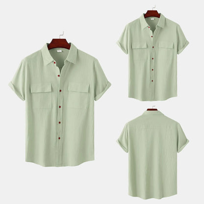 Turn Down Collar Men Shirts Solid Short Sleeve Shirts Single Breasted Casual Shirt Buttons Cardigan Sports Loose Breathable