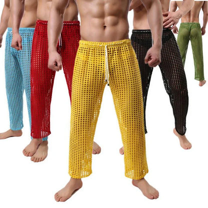 Mens Pajamas Sexy Mesh See Through Long Pants Sleepwear Fishnet Hollow Out Fitness Trousers Sleep Bottoms Sexy Underwear