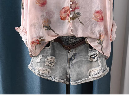 2026 Autumn clothes woman French fashion v neck rose floral print shirts and blouses for women vintage ladies tops