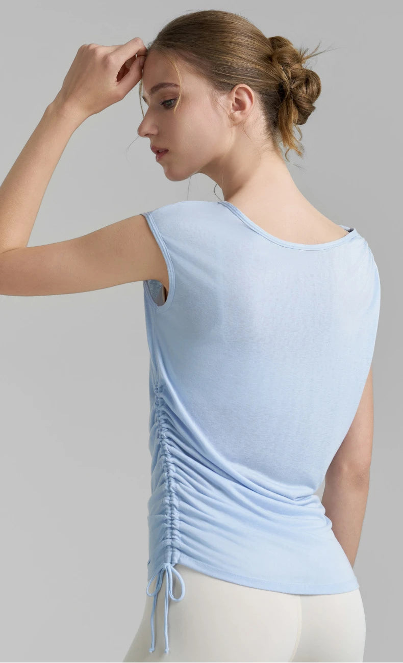 Sleeveless Pleated Cover Shirt with Drawstring, Tight Waist, High-end Feeling, Breathable and Slimming Sports T-shirt