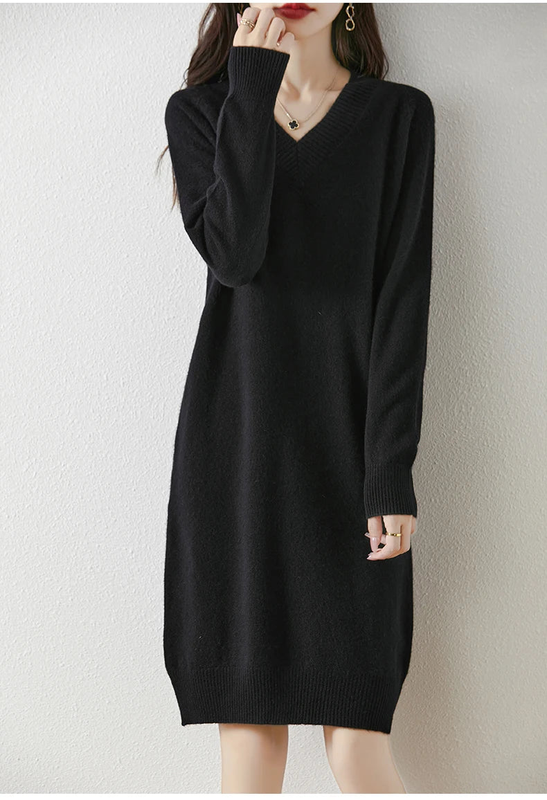Fashion Autumn Winter Dress Women100%Merino Wool V-neck Long-sleeved Dress Women&