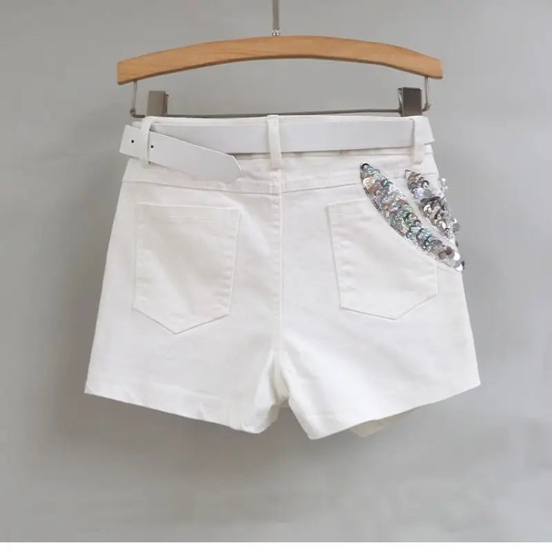 Fashion Sequin Denim Short Skirt Women Spring/Summer 2025 New Korean High Waist Slim Irregular Sexy Hot Pants White Black Casual