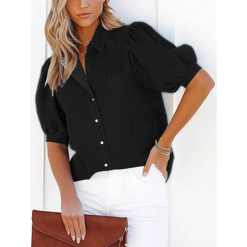 Women’s Casual Short Sleeve Shirt Loose Button Cotton Blouse Lightweight Breathable Summer Office Workwear Elegant Style