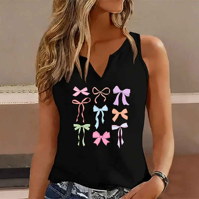 Sleeveless Tank Top T-shirt V Neck Casual Fashion Y2k Colorful Bow Printed Vest T Shirts Women Short Sleeve Tee Shirt V-Neck