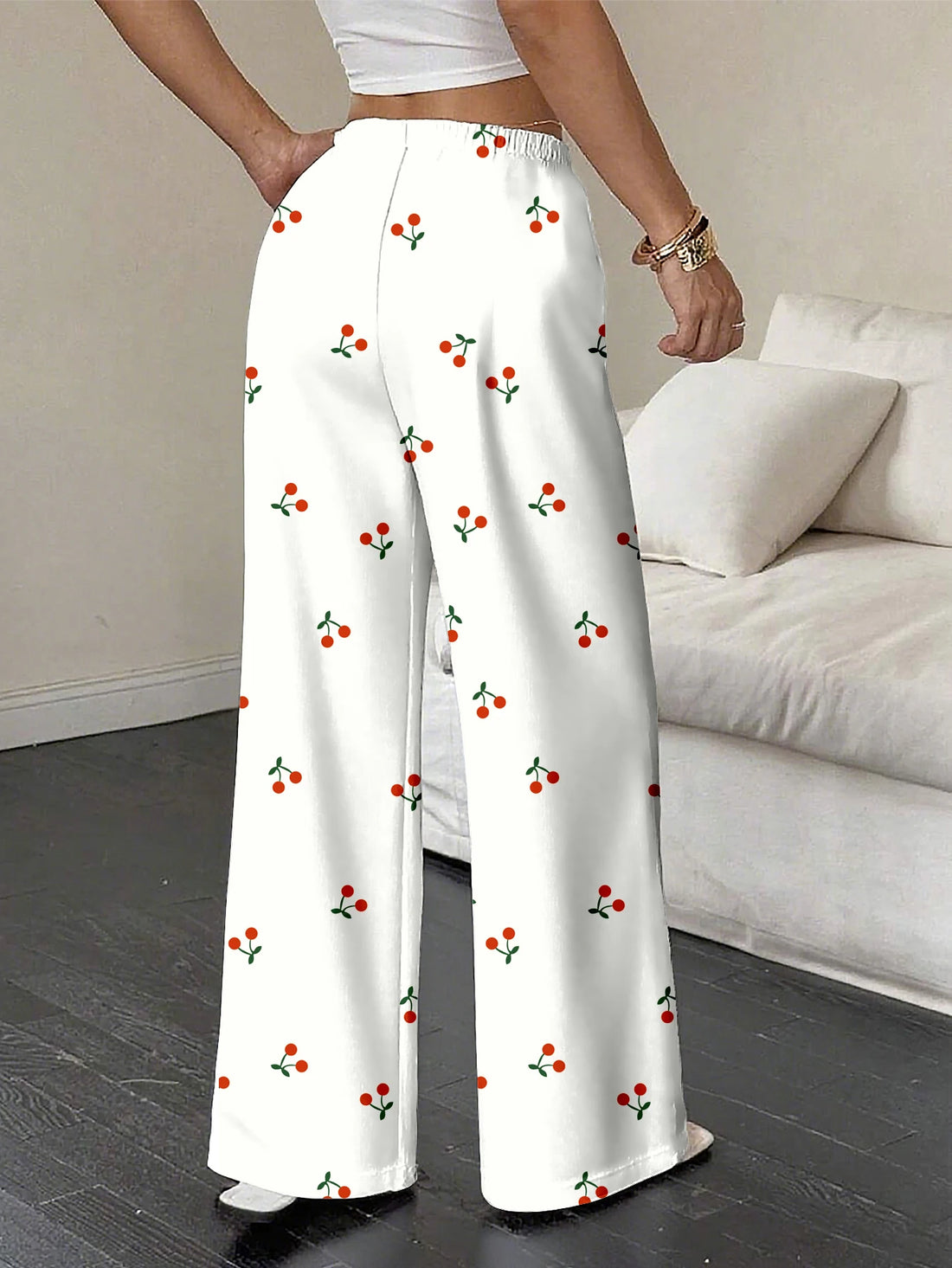 Cute Cherry Print Palazzo Pants Plus Size, High Waist Cottagecore Trousers, Elegant Flowy Wide Leg Slacks for Curvy Women