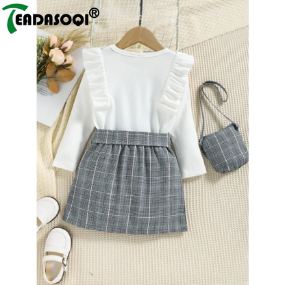 4-7Y Children Girls Clothing Outfit Solid Color Long Sleeve Ruffle Tops+Plaid Skirt With Belt+Bag Kids Girl Costume 3Pcs Set