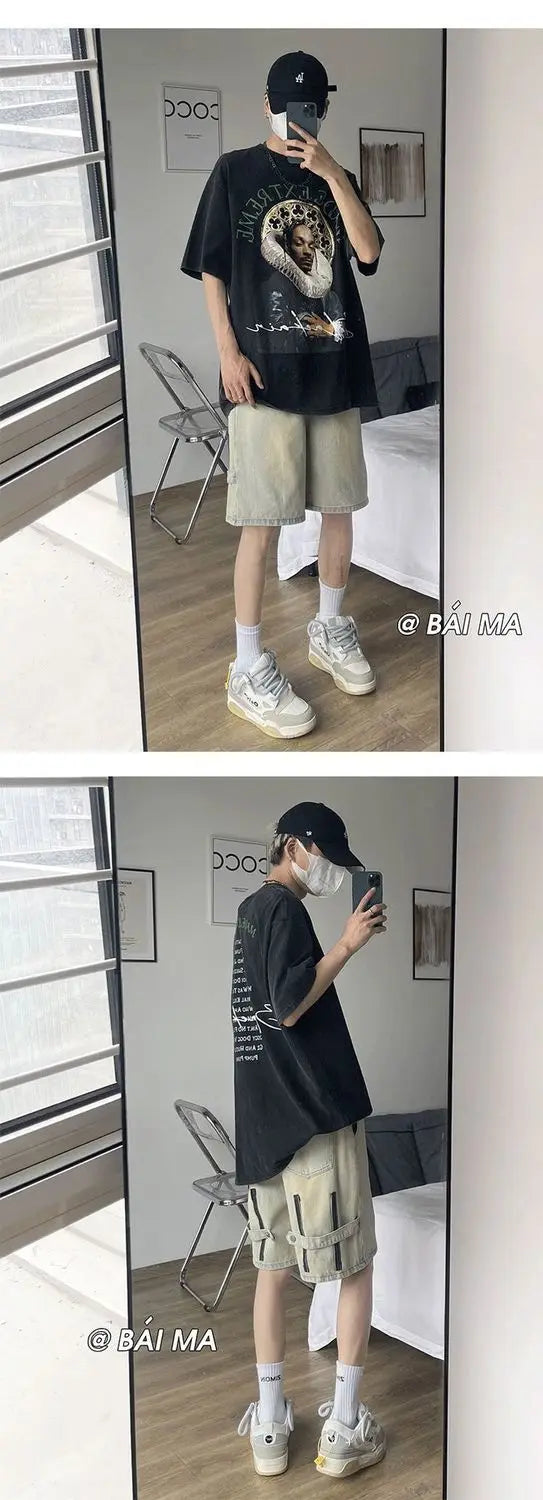 Denim Shorts Wear Five-point Summer Thin Style Trendy Street-fried Street-style Loose Straight Men&
