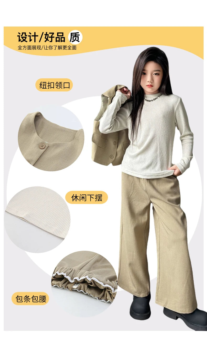 Design junior girls clothes set Round neck vest+cotton t-shirt+Wide leg pants 3pcs teenage kids clothing suit chidren outfits 14