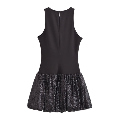 Fashion Party Dress for Women Fashion Autumn Winter New Round Neck Sleeveless Sequined Patchwork Chic Female Evening Clothing