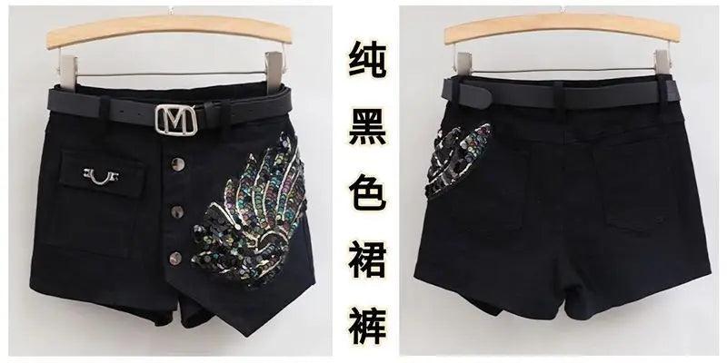 Fashion Sequin Denim Short Skirt Women Spring/Summer 2025 New Korean High Waist Slim Irregular Sexy Hot Pants White Black Casual