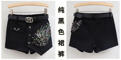 Fashion Sequin Denim Short Skirt Women Spring/Summer 2025 New Korean High Waist Slim Irregular Sexy Hot Pants White Black Casual
